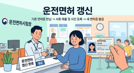 운전면허 시험장의 운전면허 갱신 절차 및 새 면허증 발급 과정을 설명하는 일러스트