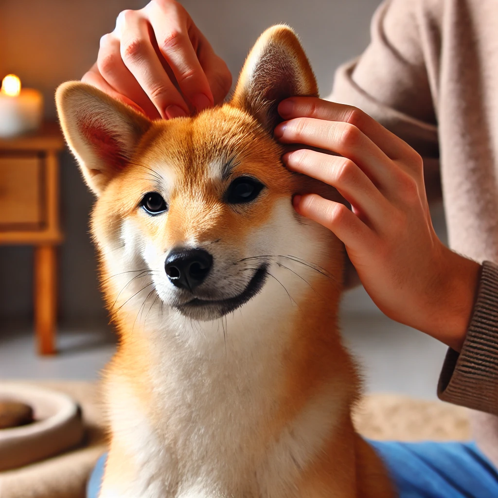 귀 청소 후 귀 마사지를 받으며 편안해하는 시바 이누