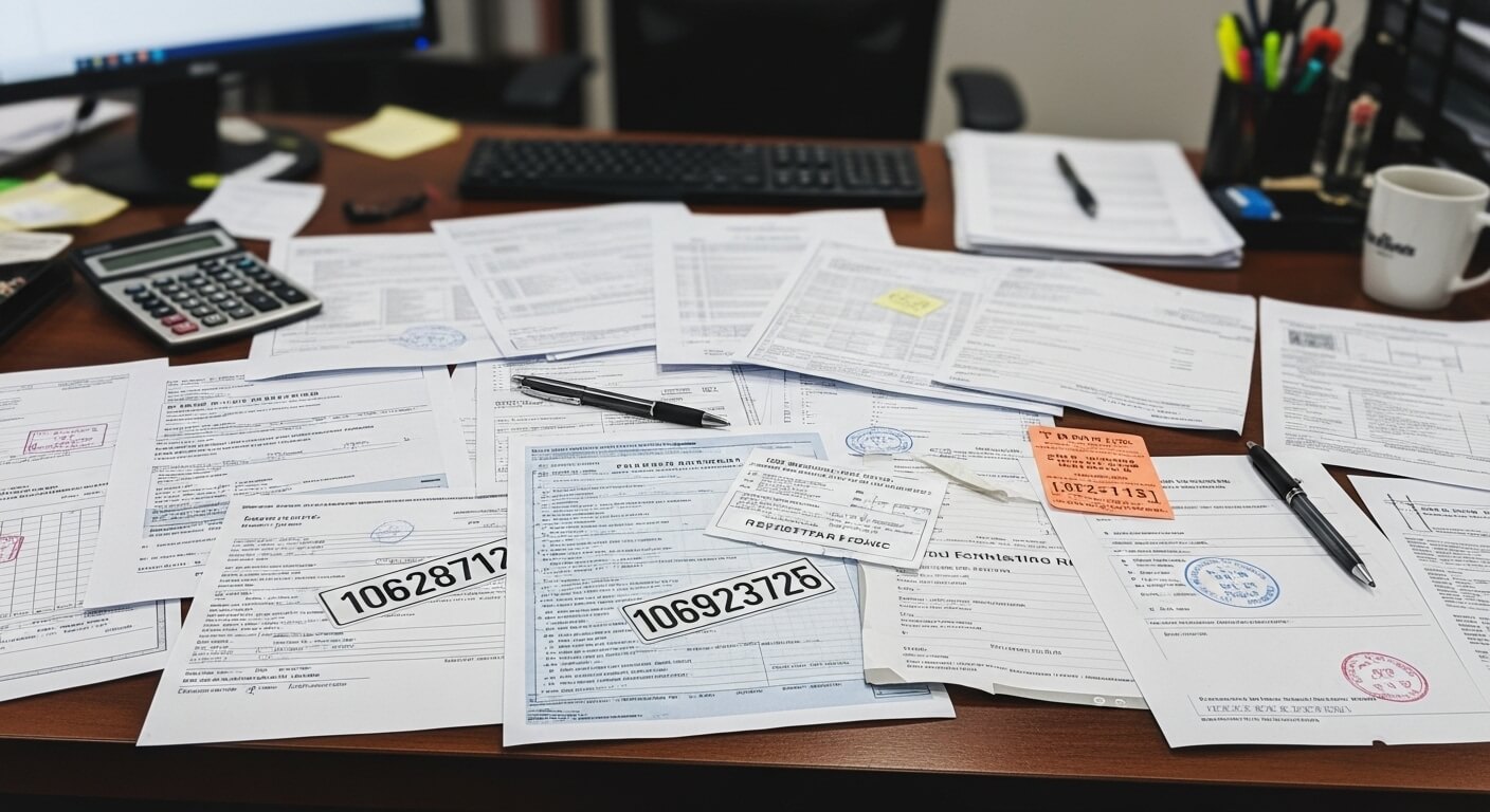 책상 위에 펼쳐진 각종 행정 서류와 교통 관련 문서