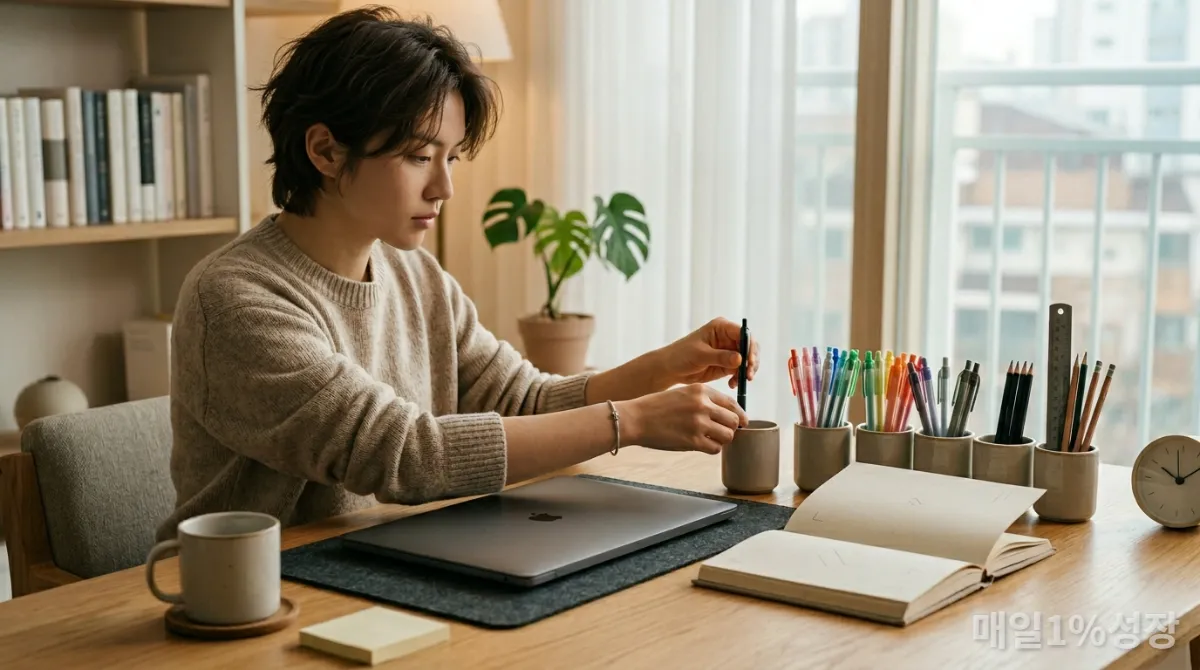 깔끔하게 정리된 책상에서 생산성 도구를 사용하는 모습