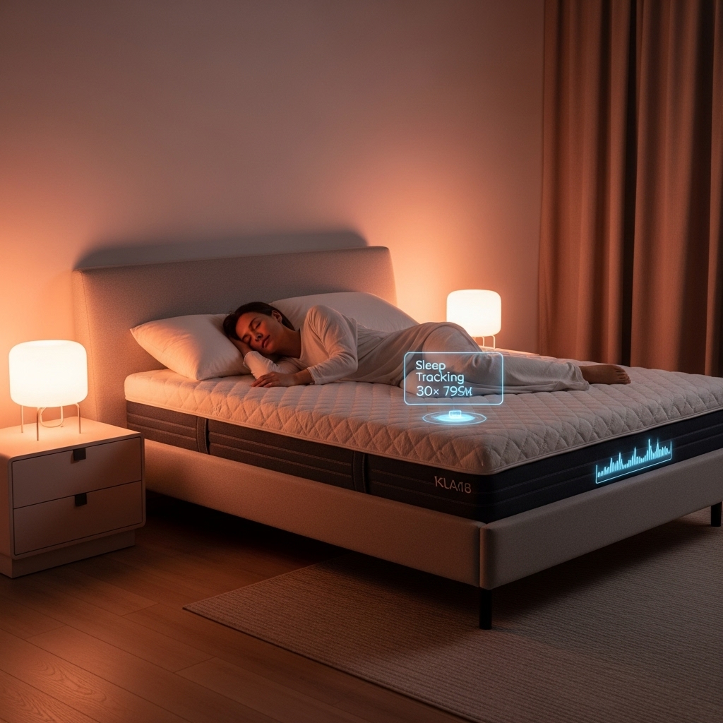 2025년 스마트 침실에서 평화롭게 잠든 사람. 스마트 조명과 최첨단 슬립 테크 기기들이 수면의 질을 높이는 모습.