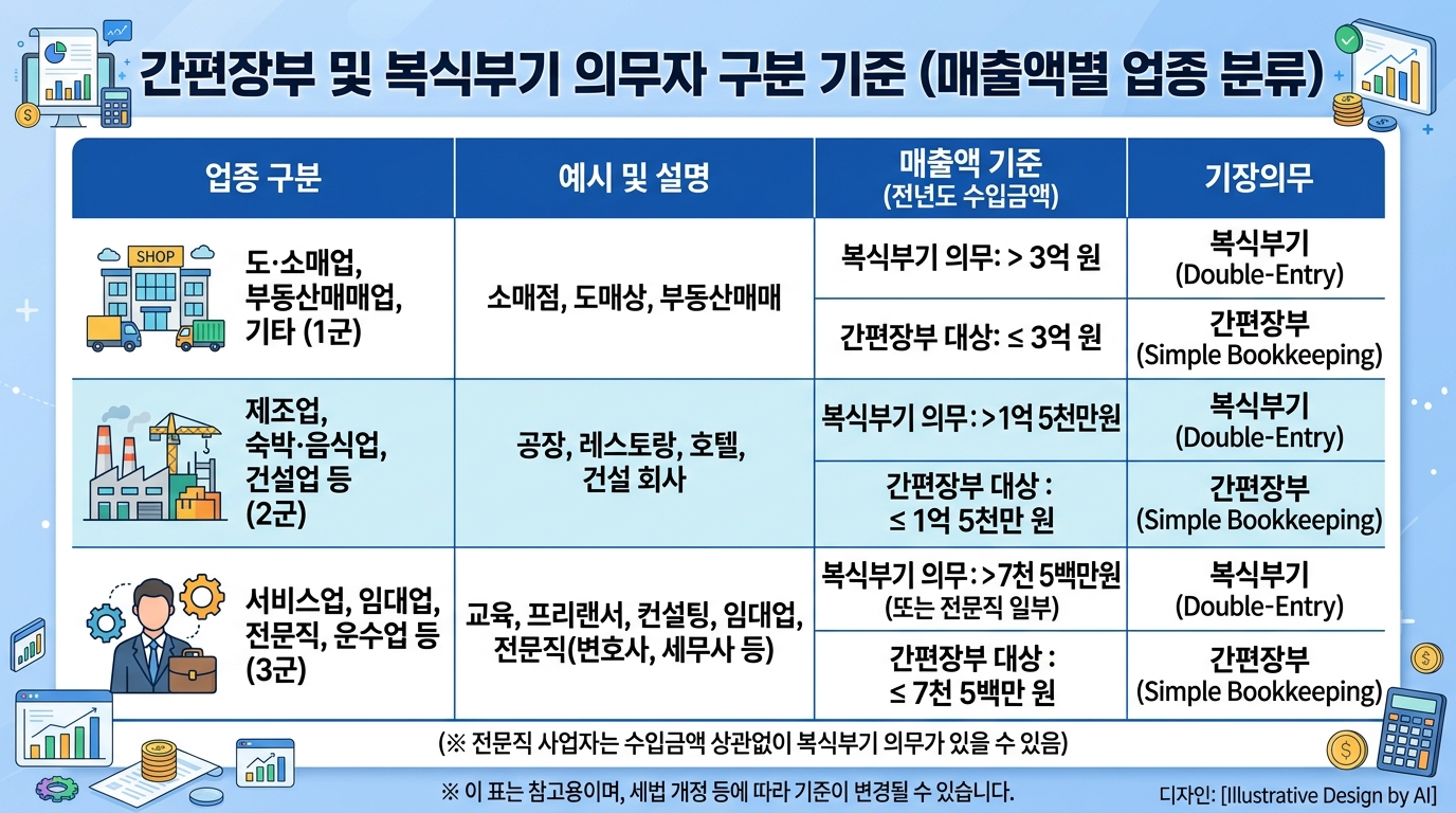 업종별 매출 규모에 따른 간편장부 대상자와 복식부기 의무자 구분 표 이미지