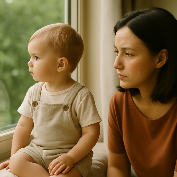 창밖을 바라보는 유아와 걱정스러운 표정의 엄마. 자폐 스펙트럼 장애 초기 징후를 고민하는 부모의 모습.