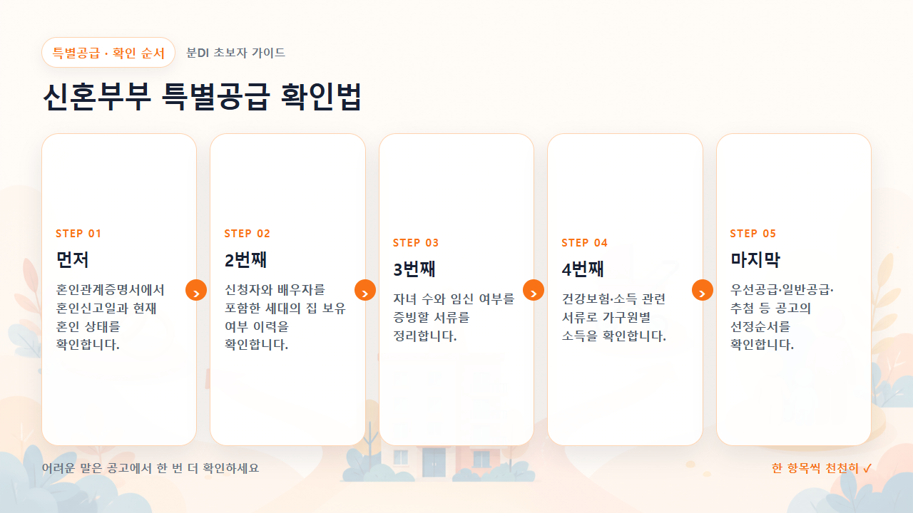 신혼부부 특별공급 확인법 확인 순서를 다섯 단계로 보여주는 흐름도