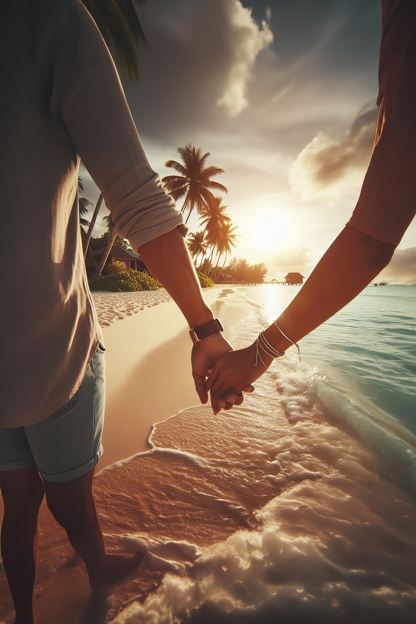 연인이 손잡고 해변을 걷는 모습