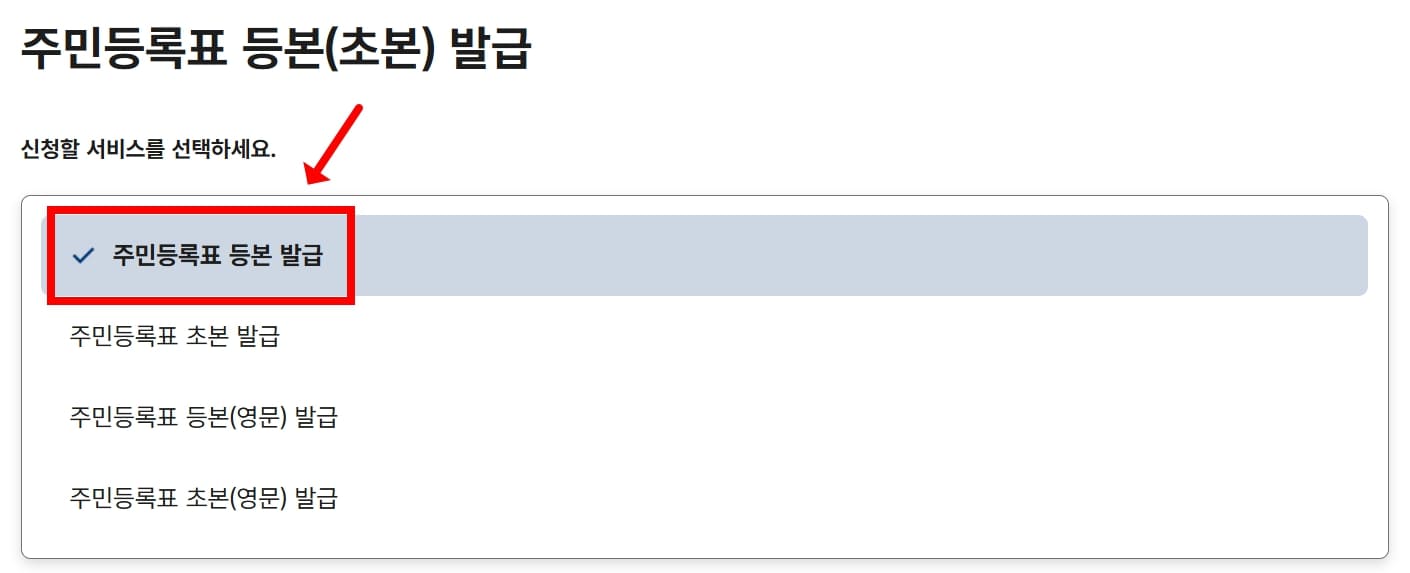 정부24 주민등록표 등본 발급 항목 선택 화면