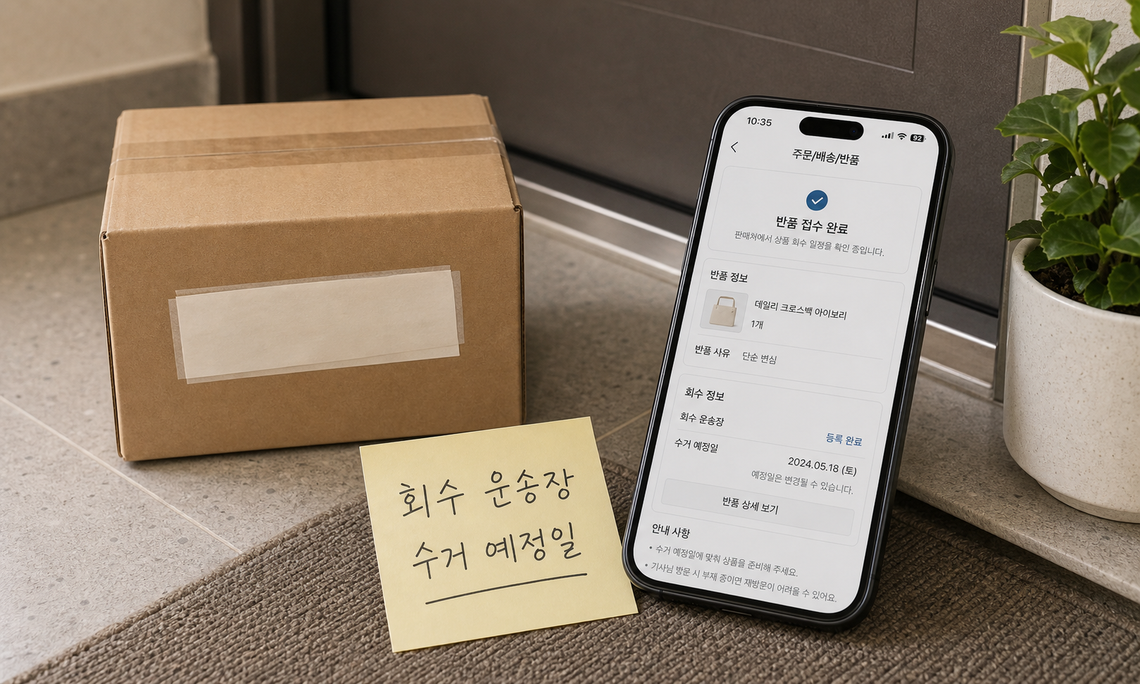 택배 반품 접수 후 수거가 오지 않아 회수 운송장과 수거 예정일을 확인하는 장면