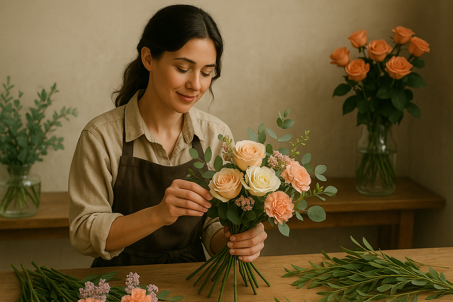 플로리스트가 꽃다발을 만들고 있는 모습입니다.