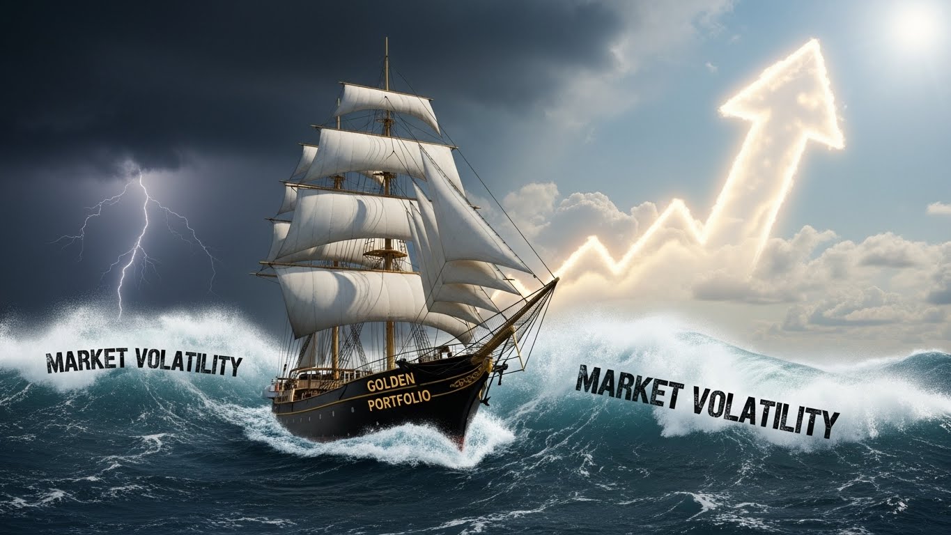 거친 폭풍우(단기 변동성)가 몰아치지만, 튼튼한 배(포트폴리오)가 굳건히 파도를 넘으며 우상향하는 목적지(Flag)를 향해 나아가는 모습