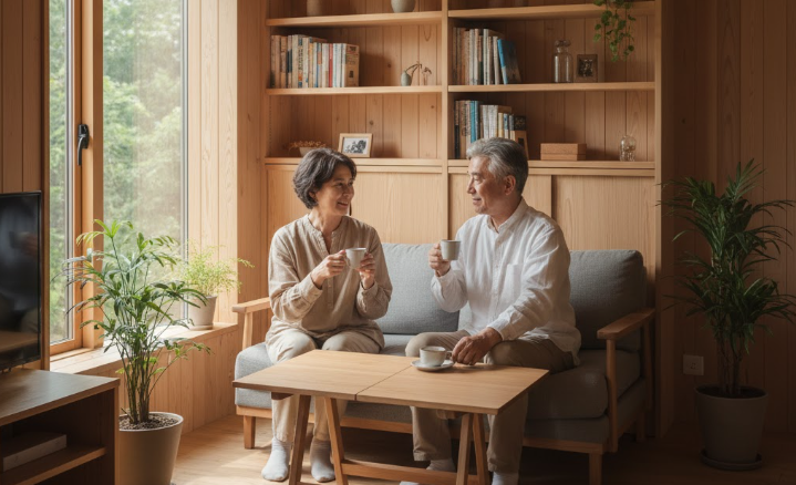 은퇴한 시니어 부부가 거실에서 커피를 마시는 모습