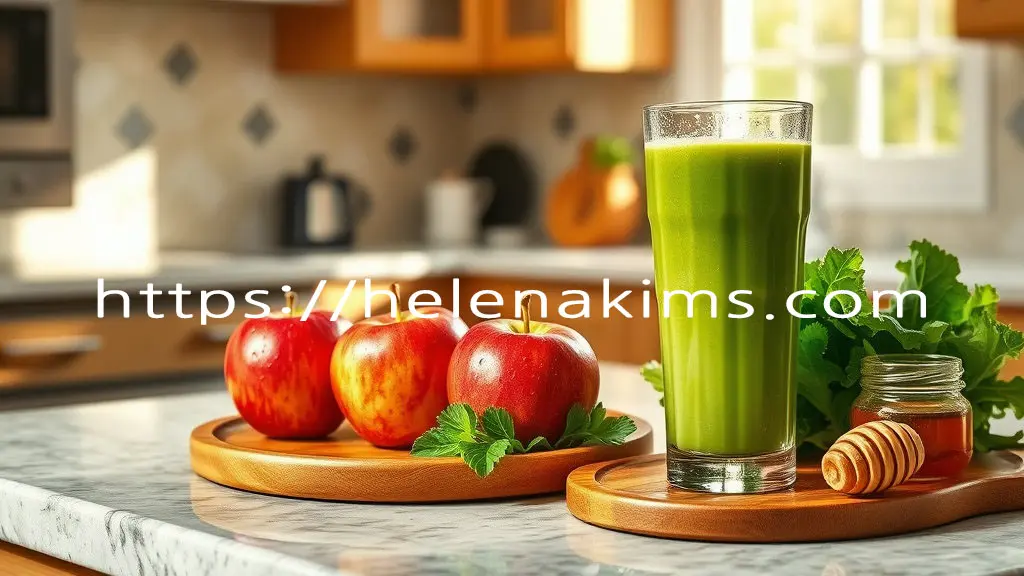 식탁 위 나무 접시에 담긴 3개의 사과 그리고 사과와 싱싱한 녹색 채소로 만든 주스가 담긴 유리컵 모습.