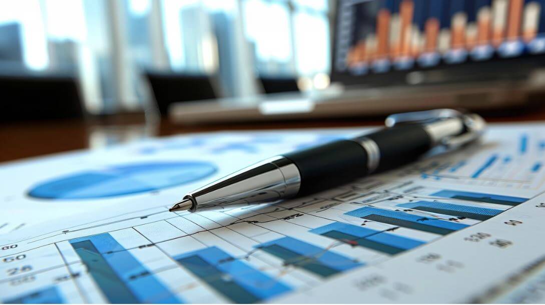 회계 서류 위의 볼펜들