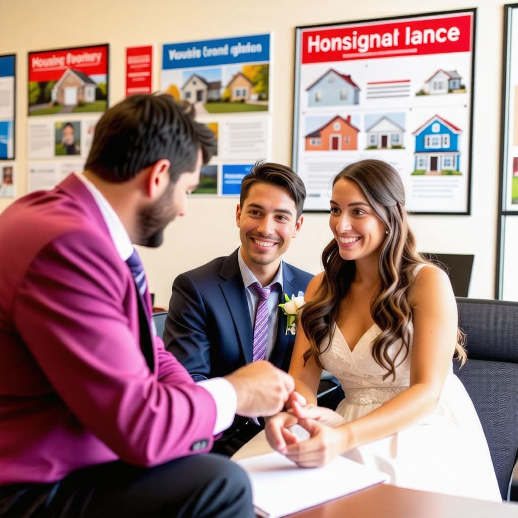 정부 기관에서 주택 상담을 받고 있는 신혼부부의 모습. 이 이미지는 주택지원제도의 접근성과 상담 서비스의 중요성을 강조하며, 신혼부부가 필요한 정보를 얻고 있는 상황을 보여줍니다.