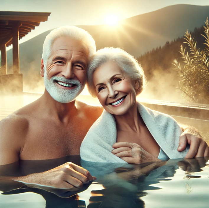 일본 야외 온천에서 온천을 즐기는 은퇴한 부부