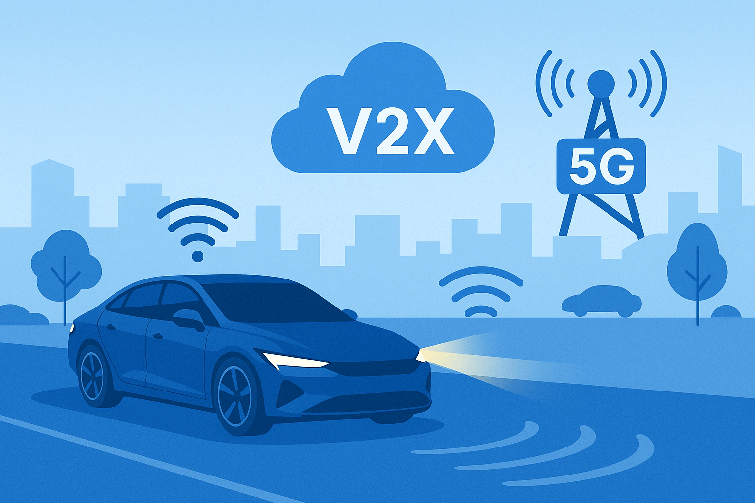 이 이미지는 5G와 V2X 통신 기술을 활용하는 자율주행차의 연결 구조를 시각적으로 표현한 디지털 일러스트입니다.

화면 왼쪽에는 미래지향적 디자인의 자율주행 차량이 주행 중이며, 차량 주변에는 무선 통신 신호 아이콘이 다방면으로 퍼져 나가고 있습니다. 이는 차량이 도로, 인프라, 다른 차량들과 실시간으로 데이터를 주고받는 모습을 나타냅니다.

우측 상단에는 V2X를 상징하는 클라우드 아이콘과 5G 기지국 이미지가 강조되어 있어, 차량이 클라우드 기반의 데이터와 초고속 통신망을 통해 외부 세계와 긴밀히 연결되어 있음을 보여줍니다.

배경은 간결한 도시 실루엣과 푸른 계열의 색조로 구성되어, 기술적이면서도 신뢰감 있는 분위기를 전달합니다.
자율주행차의 연결성과 스마트 도로 환경을 직관적으로 설명하는 대표 이미지입니다.