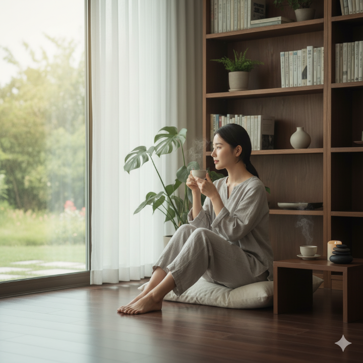 따뜻한 차를 마시며 창밖을 바라보고 있는 모습
