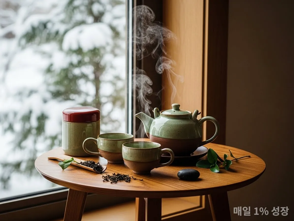 따뜻한 김이 모락모락 나는 오설록 스타일의 티 세트와 겨울 창가 풍경