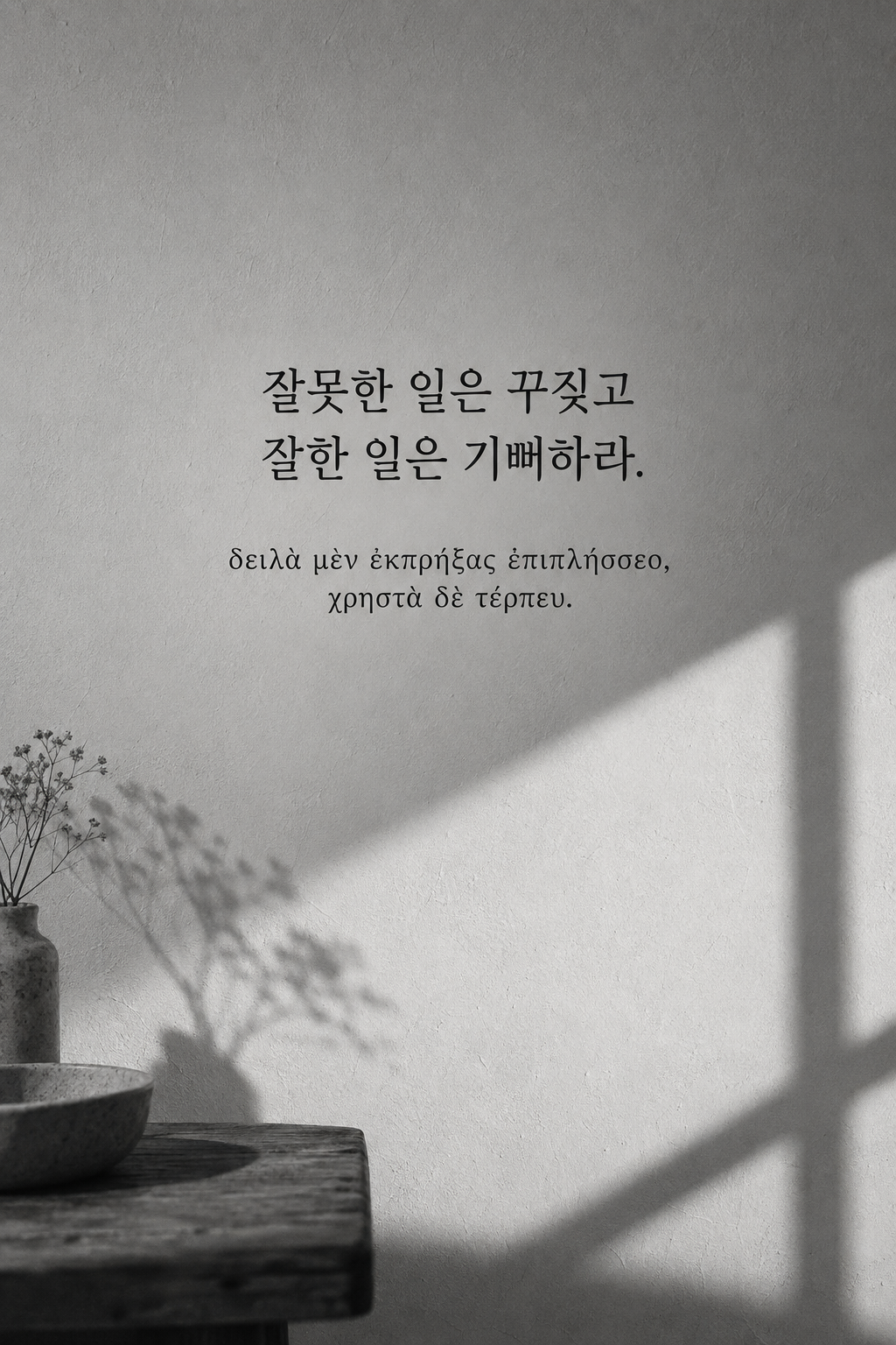 잘못한 일은 꾸짖고 잘한 일은 기뻐하라. 회색 벽 위 부드러운 아침 그림자 배경에 한국어와 그리스어 원문을 담은 피타고라스 학파 명언 이미지