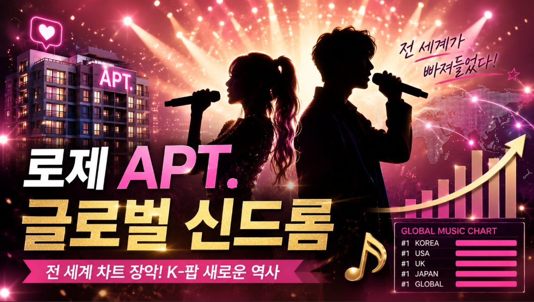 로제 APT 글로벌 신드롬과 브루노 마스 협업을 소개하는 K-팝 음악 이미지
