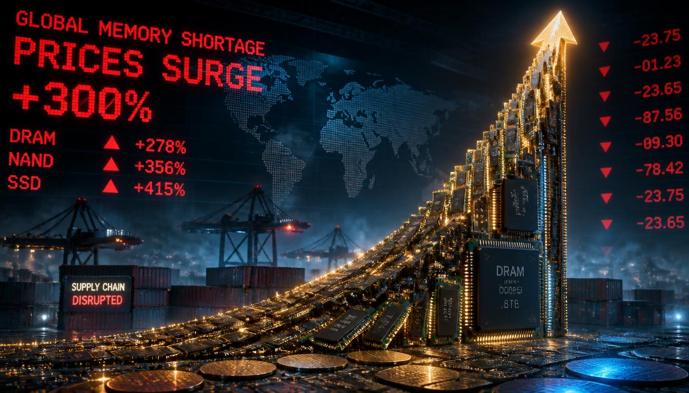Conceptual illustration of a dramatic price surge for memory chips (DRAM and NAND Flash), visualized as a rocket-shaped upward trend on a glowing electronic stock chart against a volatile global market background.