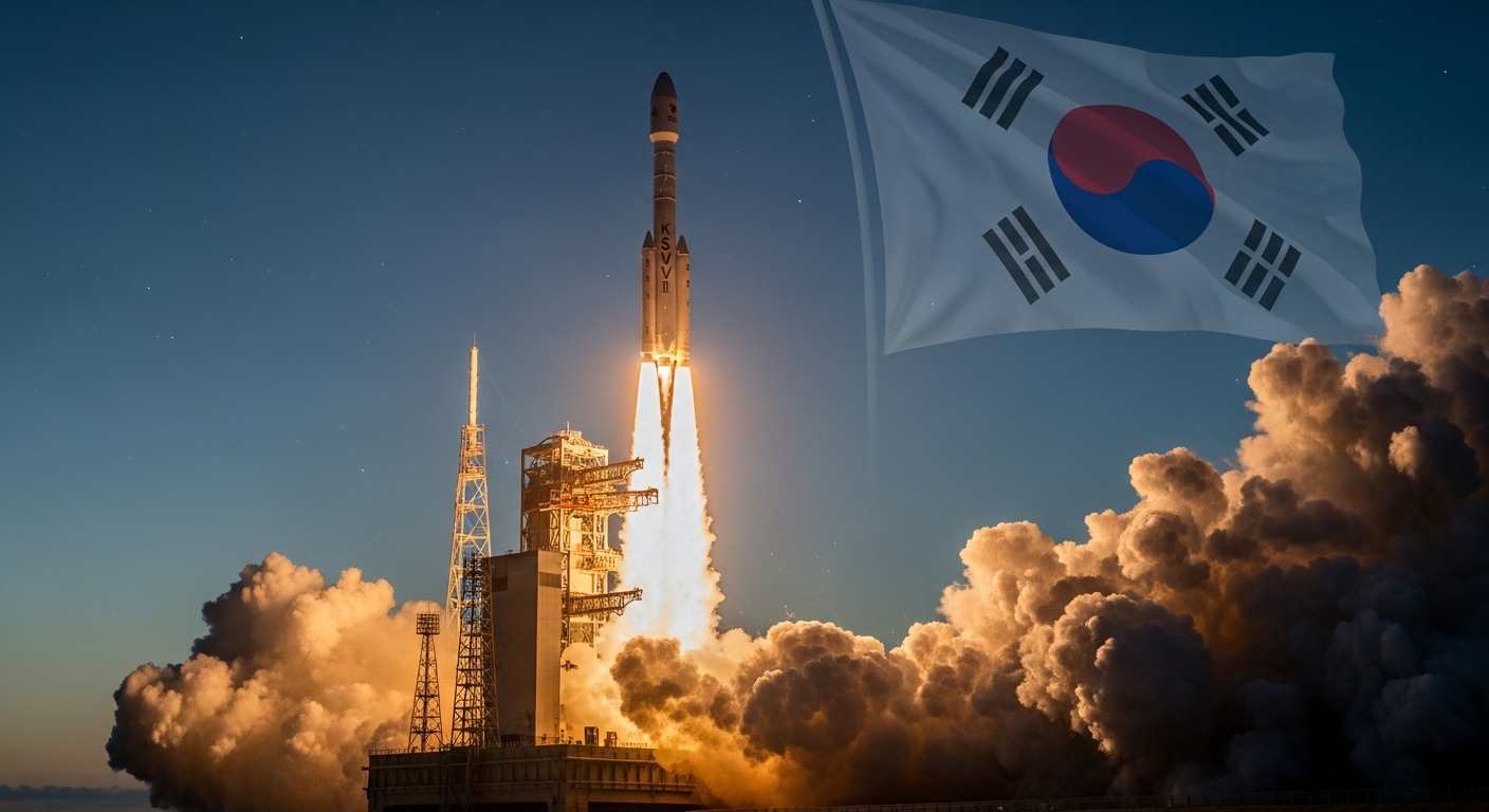 대한민국 자체 기술로 개발된 누리호 로켓이 성공적으로 발사되는 웅장한 장면