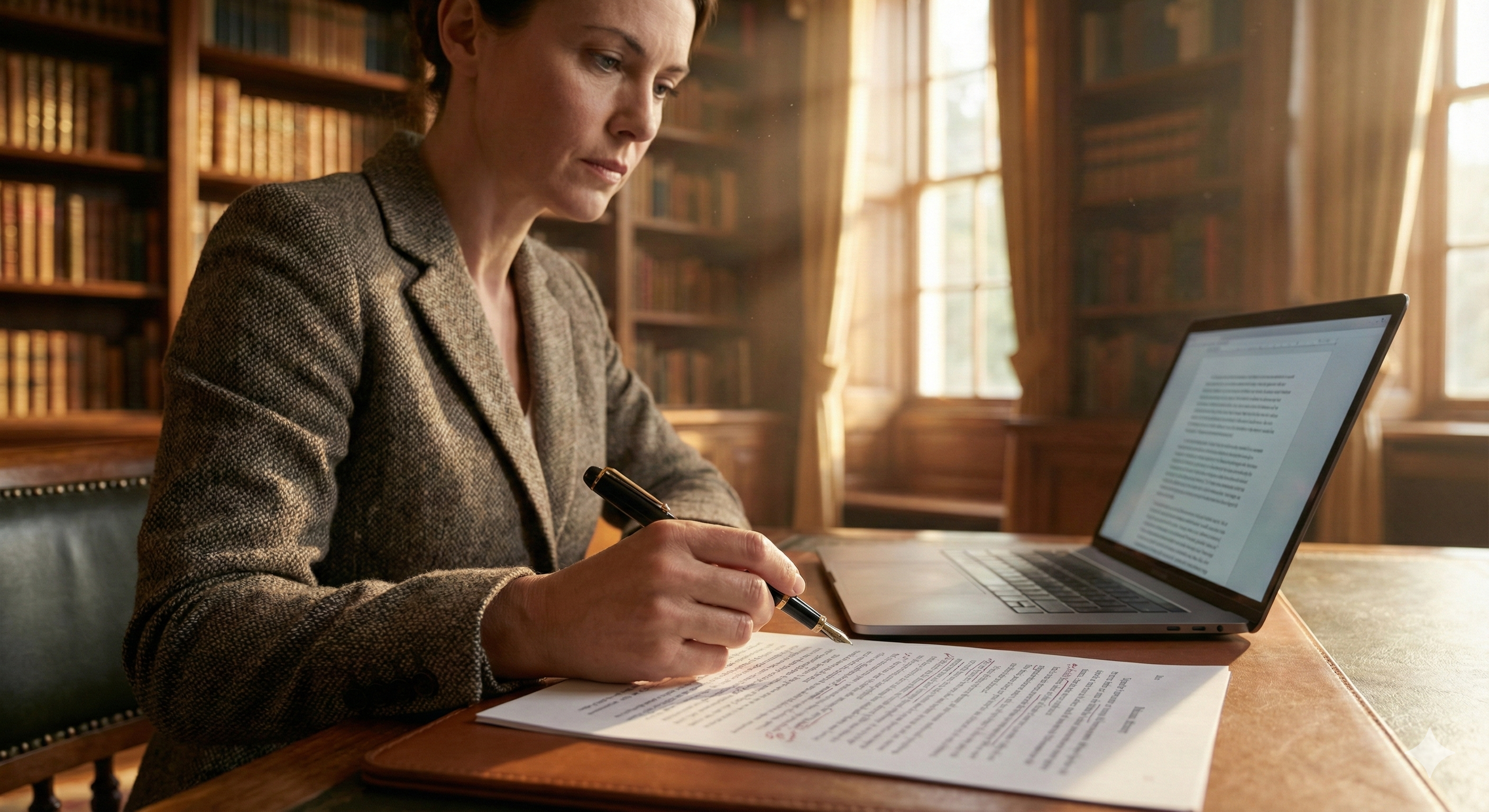 기계가 만든 문장을 날카로운 이성으로 검증하며 정직한 기록을 완성해 나가는 여성의 손길.