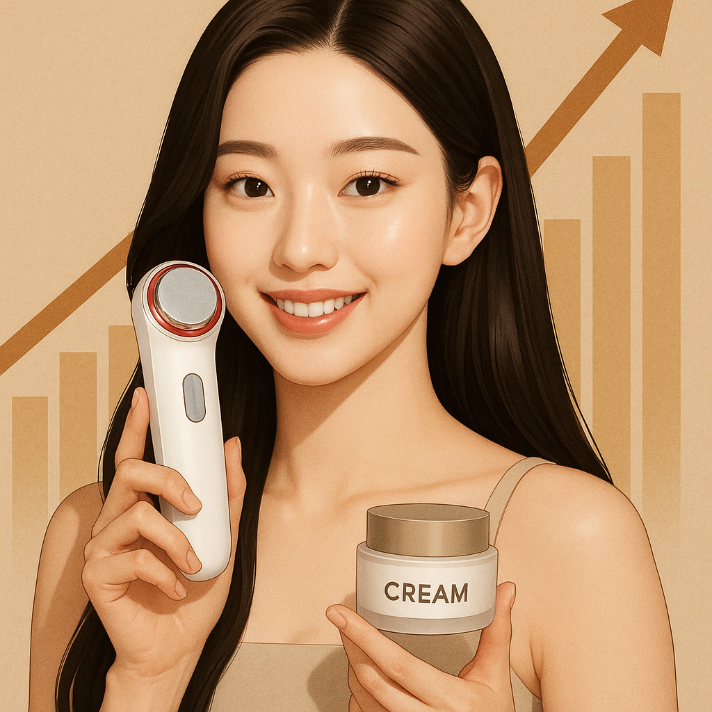 긴 생머리의 동양인 뷰티 모델이 스킨케어 기기와 크림을 들고 미소 짓고 있는 고급 일러스트 이미지