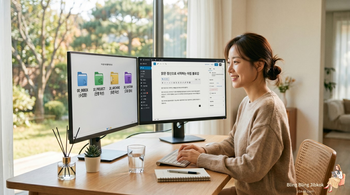컴퓨터 바탕화면을 정리하고 맑은 정신으로 포스팅하는 블로거(productive-blogger-digital-workspace)