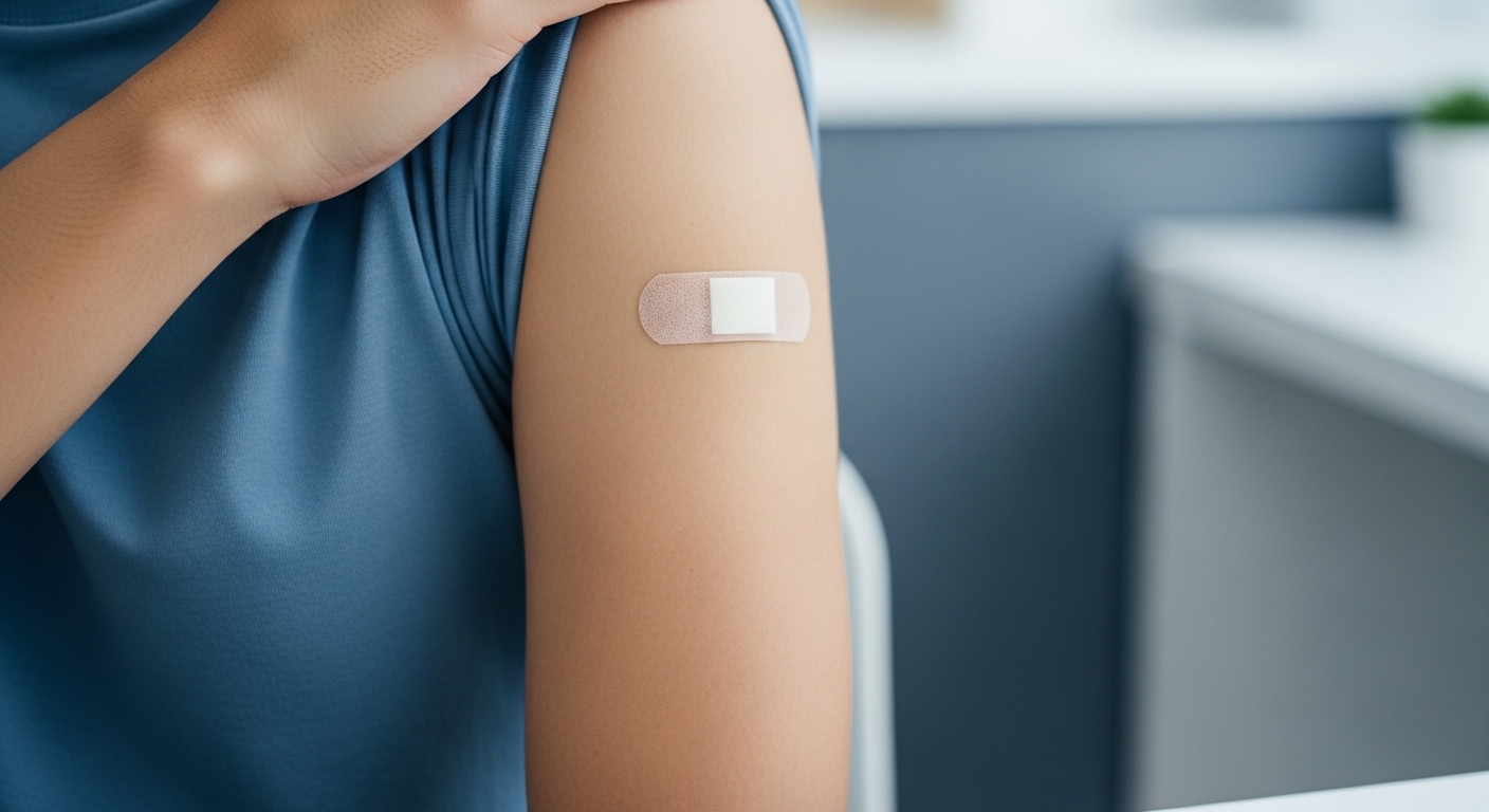 싱그릭스 대상포진 백신 접종 후 팔에 붙여진 작은 밴드, 건강과 예방의 중요성을 상징.