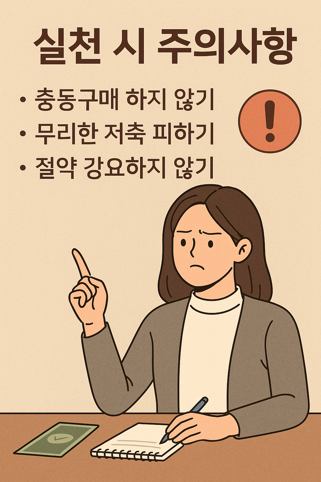 생활비를 아끼기 위해 가계부를 검토하며 신중하게 지출을 고민하는 젊은 여성을 묘사한 평면 스타일의 디지털 일러스트 이미지. 실천 시 주의사항을 상징적으로 표현함