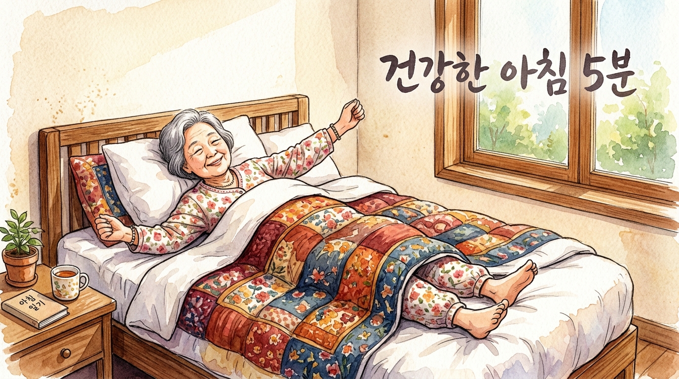 환절기 돌연사 예방하는 아침 기상 5분 누워있기와 혈관 건강 관리 법을 실천하고 있는 중년 여성의 모습.