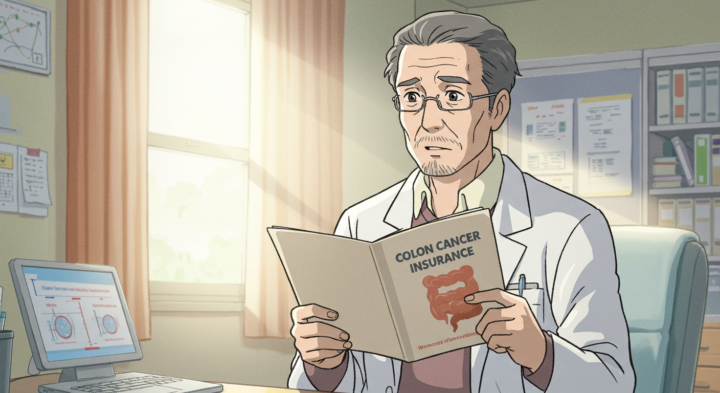 대장암 보험 안내서를 검토하는 남성