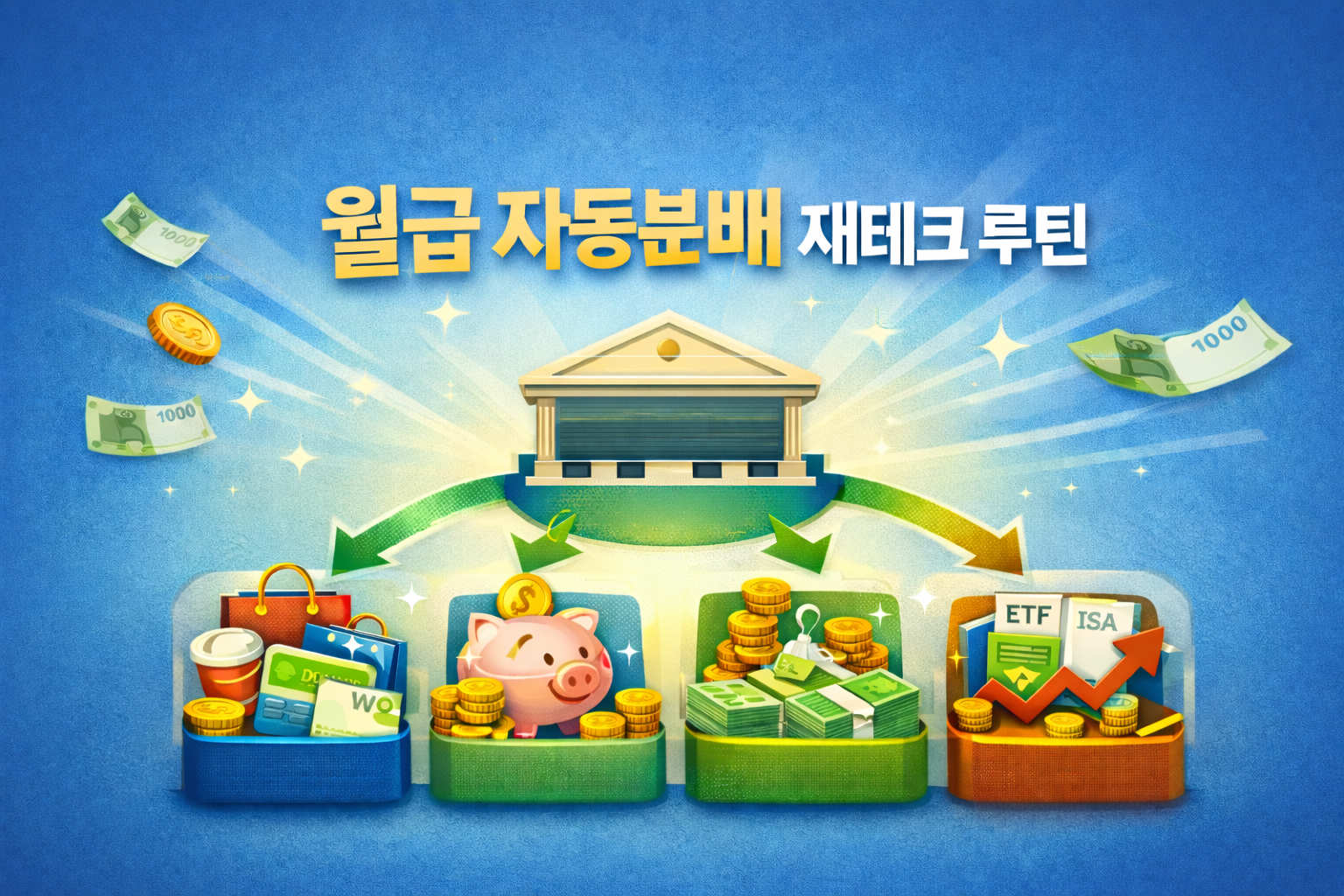 월급 자동분배 재테크 루틴을 시각적으로 표현한 일러스트, 하나의 월급 계좌에서 소비·저축·투자 자금이 자동으로 분산되는 구조를 나타낸 금융 인포그래픽