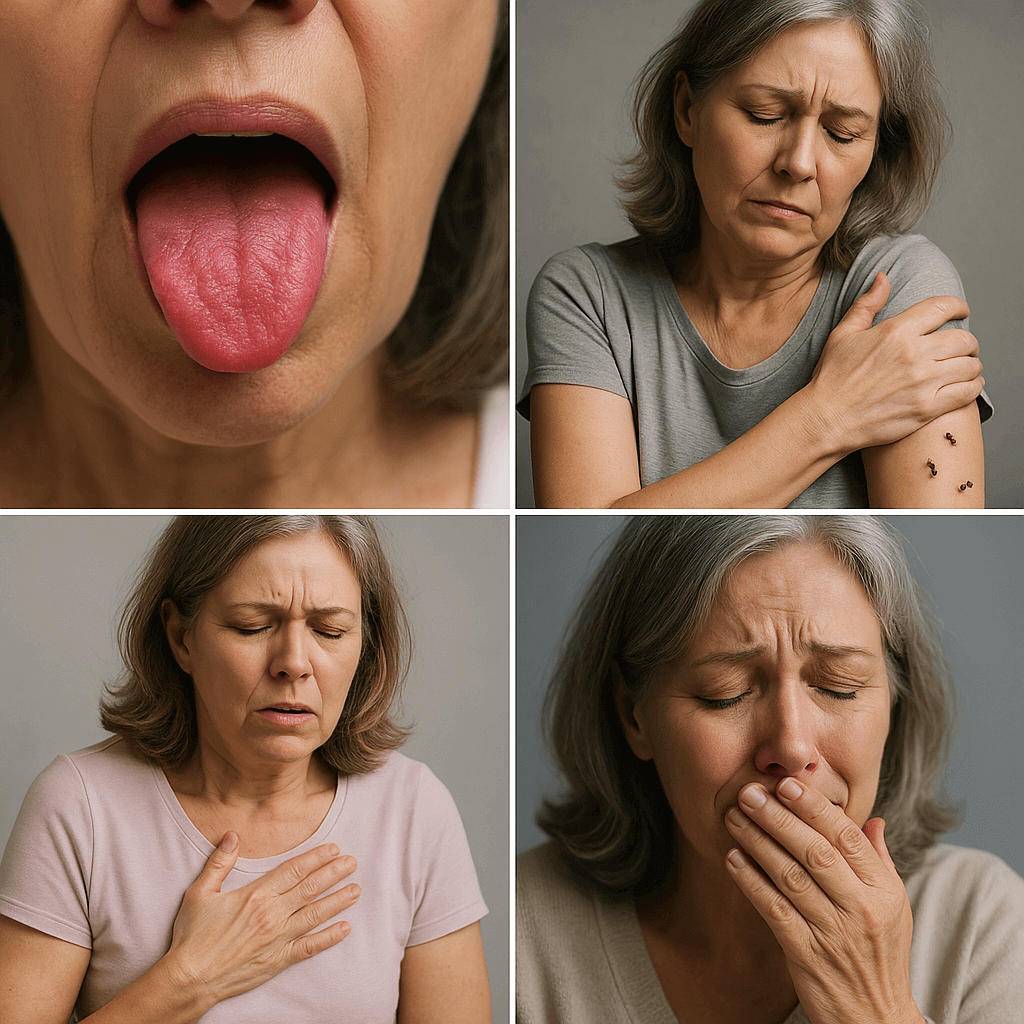 예상치못한 갱년기증상들-혀통증,벌레기어가는 느낌,가슴두근거림과 압박감,잦은 눈물과 감정의 취약함을 표현한 이미지들