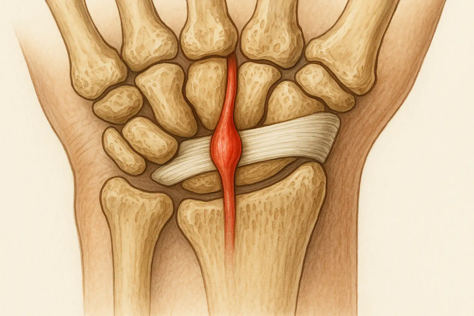 뼈와 인대로 이루어진 터널 안을 통과하는 정중신경이 압박을 받는 모습