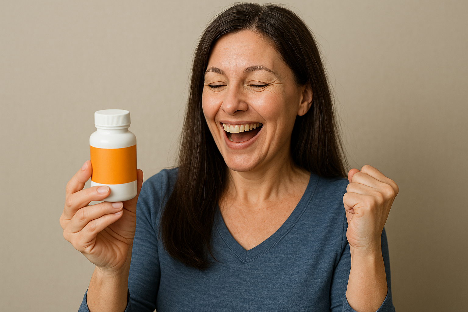 40대 여성이 건강을 위한 영양제를 보고 기뻐하는 모습입니다.