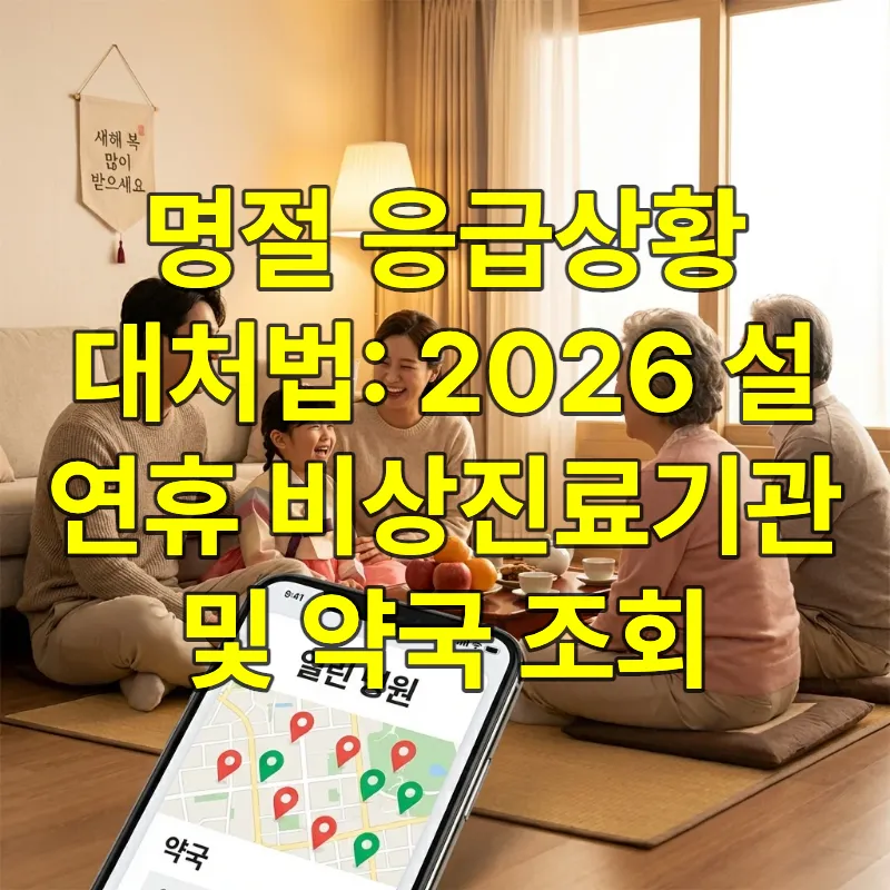 2026년 설 연휴 기간 동안 거실에서 가족들이 시간을 보내는 배경 앞에, 스마트폰으로 문 여는 병원과 약국 위치를 지도 앱으로 검색하고 있는 모습