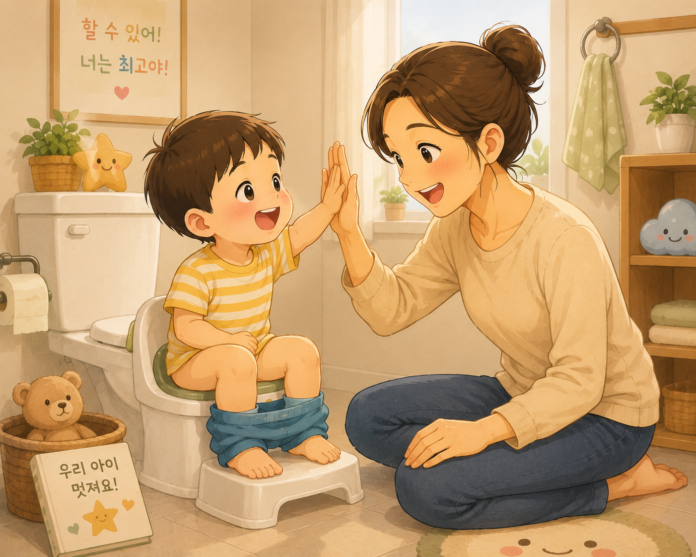아이가 변기에 앉아 부모와 하이파이브하는 모습