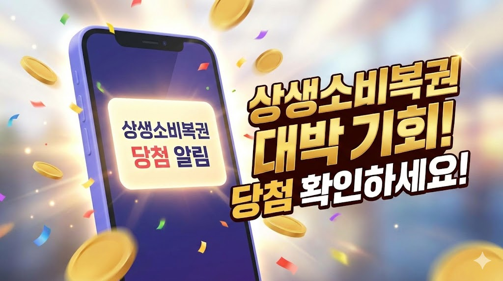 스마트폰으로 상생소비복권 당첨을 확인하는 순간의 기쁨을 표현한 이미지. 화면에는 당첨 알림이 떠 있고, 주변으로 금화와 색종이가 쏟아지며 "상생소비복권 대박 기회! 당첨 확인하세요!"라는 문구가 타이포그래피로 강조되어 있다.