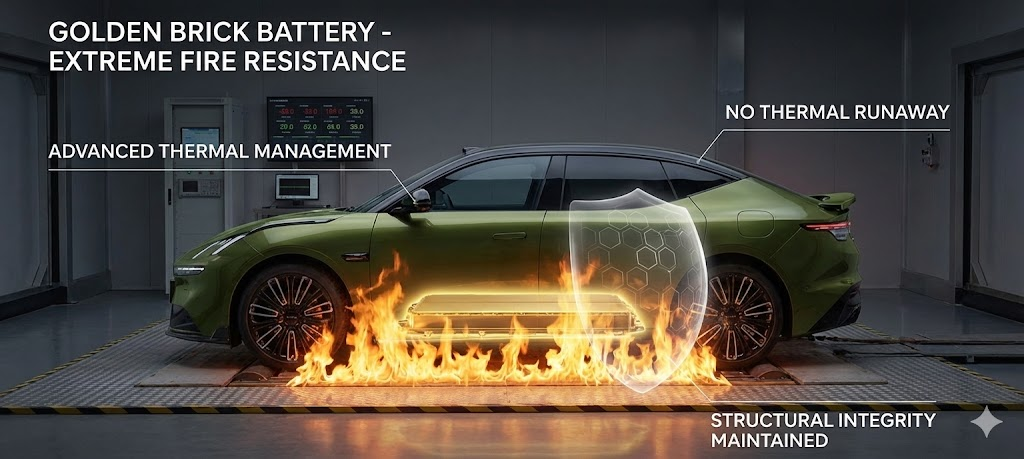 화염 테스트를 견디는 링크앤코 10 EM-P의 골든 브릭 배터리 안전 기술 시각화 이미지 (제미나이 AI 합성)