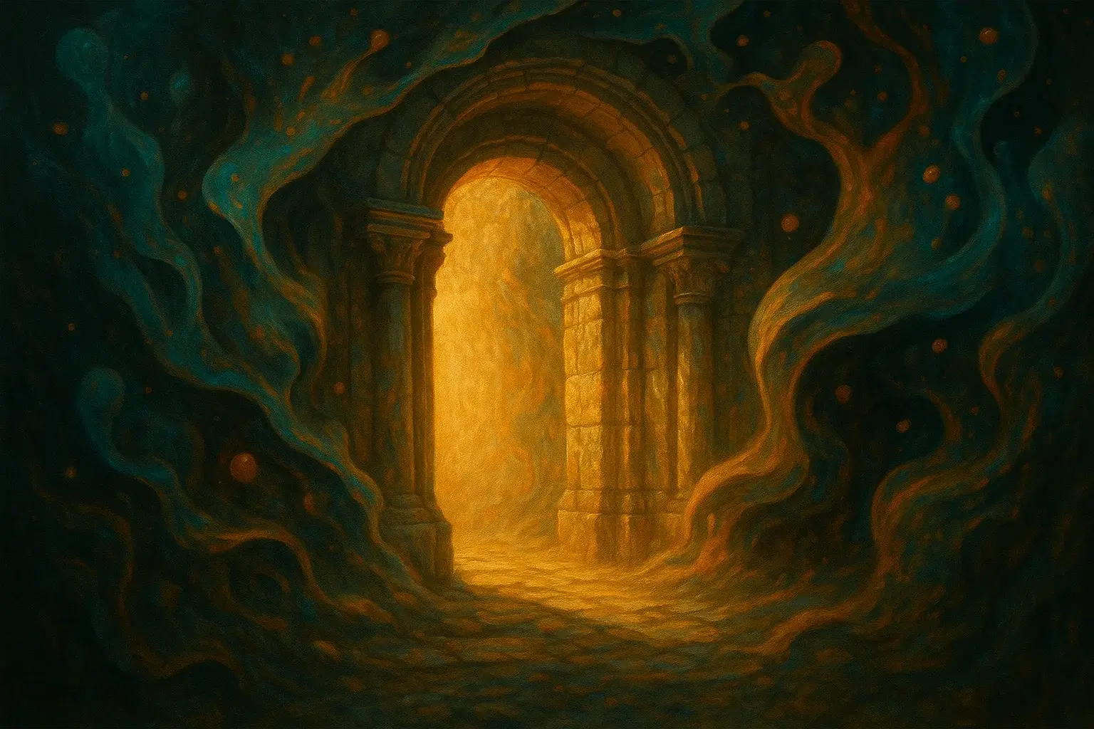 빛나는 고대 아치형 문과 신비로운 흐름이 감도는 판타지풍 통로의 일러스트