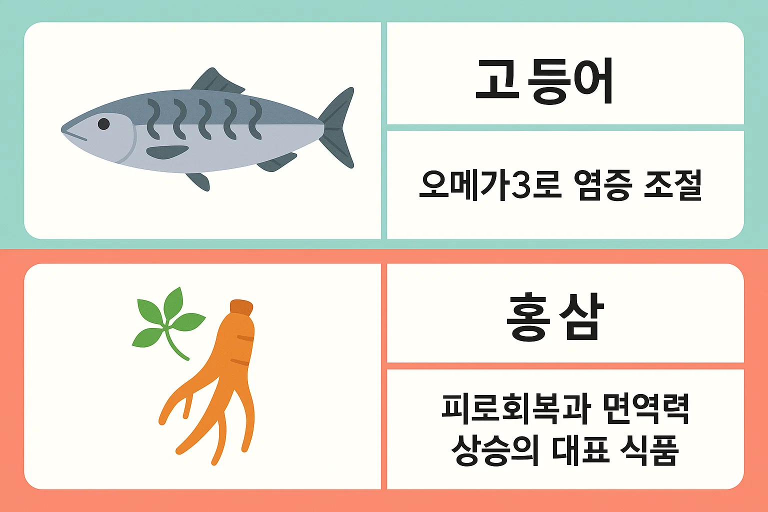 오메가3 지방산이 풍부한 고등어와 피로 회복 및 면역력 강화에 도움이 되는 홍삼의 주요 효능을 소개한 인포그래픽. 체내 염증 조절과 에너지 회복을 강조함.