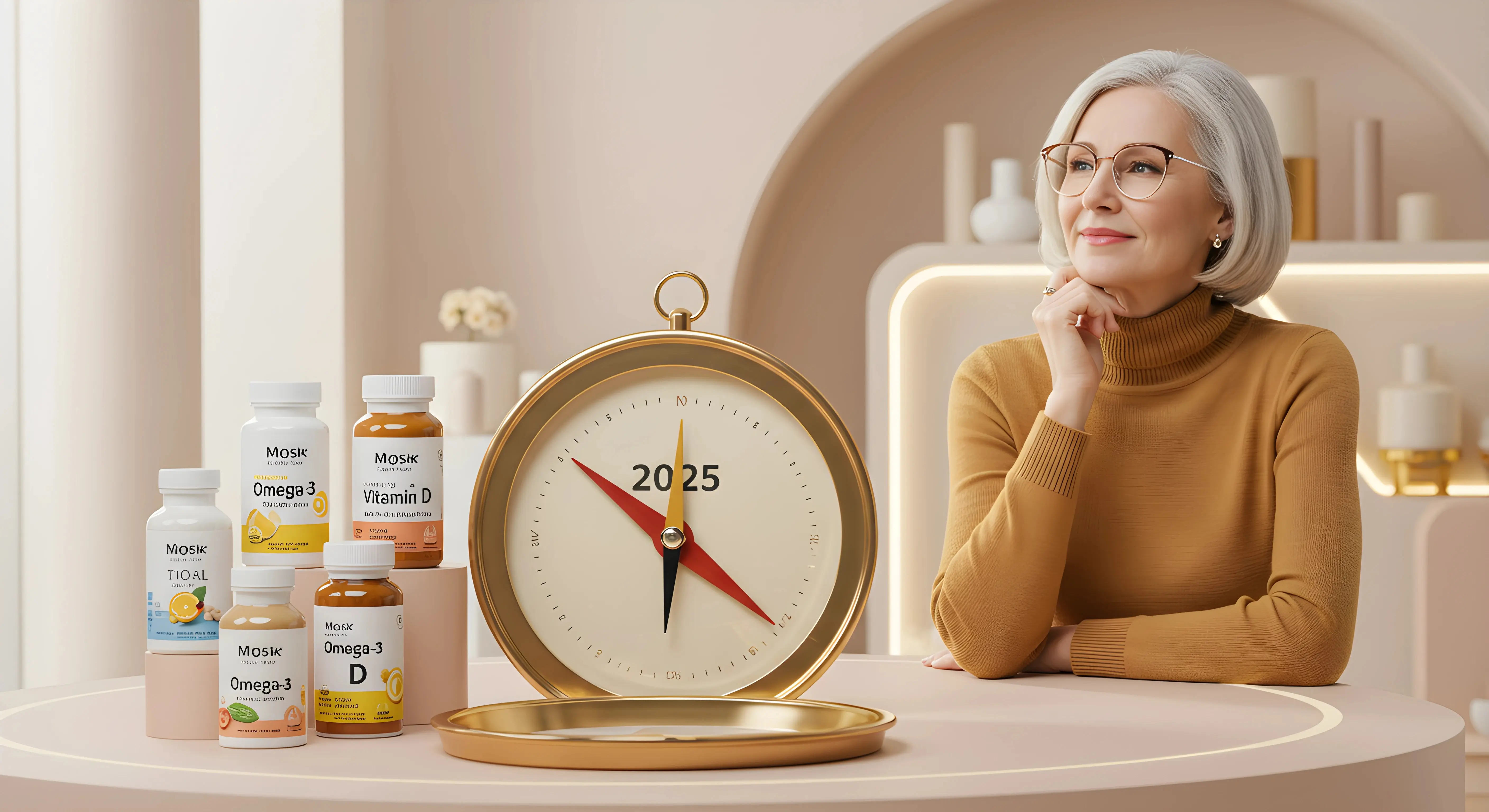 안경을 쓴 60대 여성이 2025년 나침반과 여러 영양제 병 앞에서 미래 건강에 대해 고민하는 모습