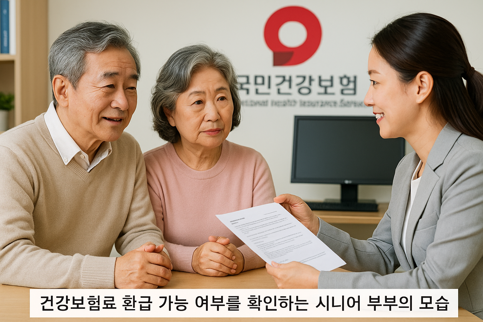 국민건강보험 환급금 조회 상담을 받는 시니어 부부 모습
