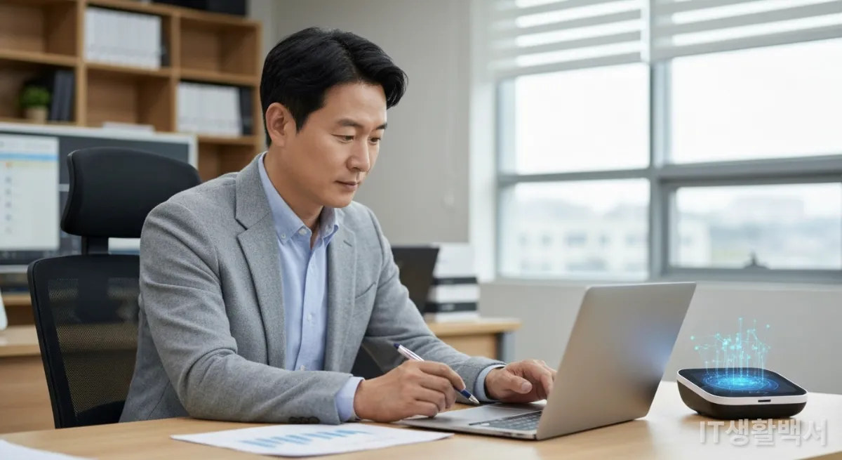 AI 에이전트와 함께 금융 보고서를 검토하는 한국 남성