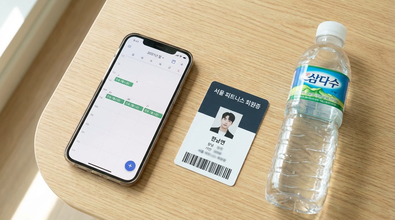 주 3회 헬스장 운동 일정이 표시된 캘린더와 운동 필수품들