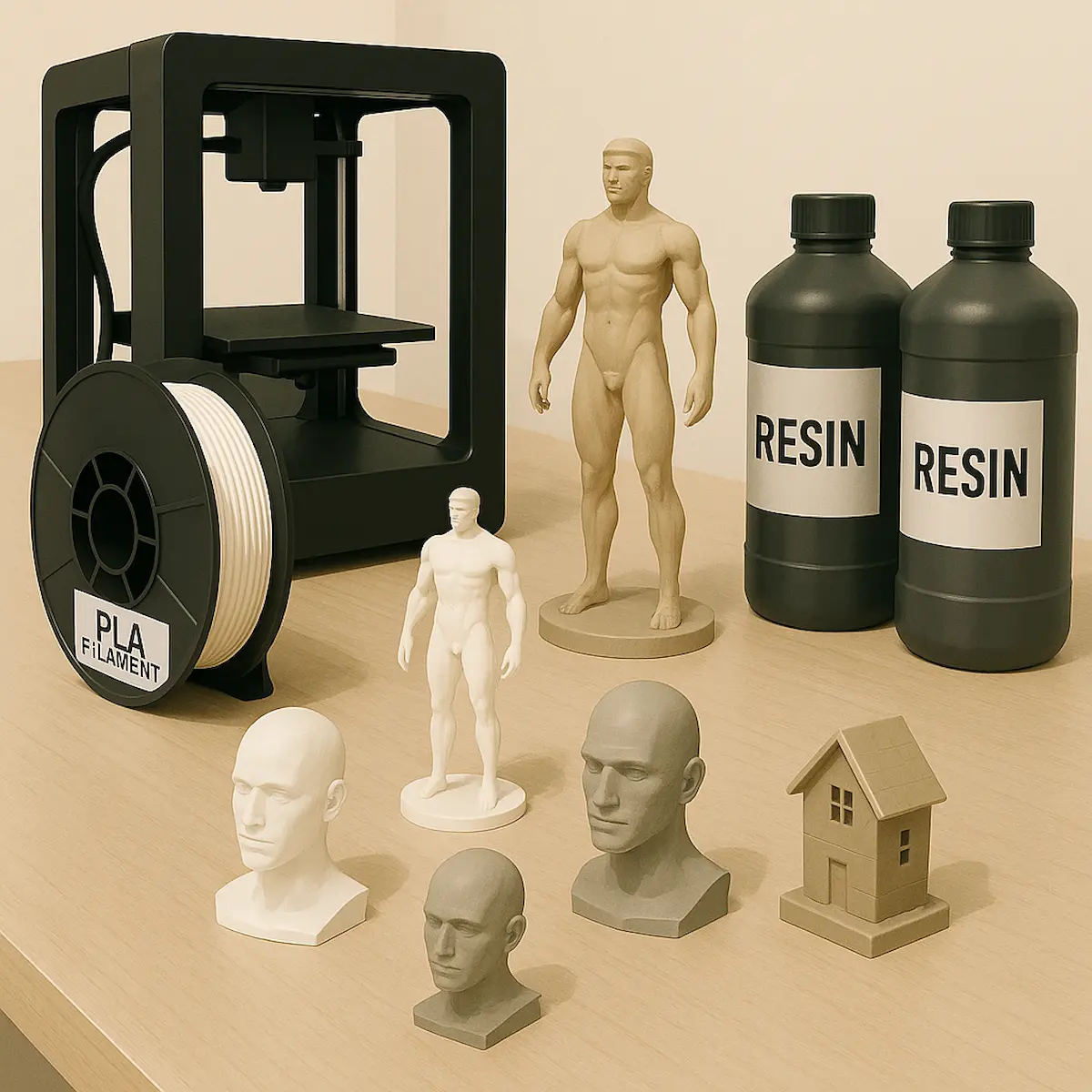 PLA 필라멘트와 레진 병이 함께 놓인 3D프린터 작업 공간, PLA와 레진 소재로 출력된 다양한 피규어 비교 장면