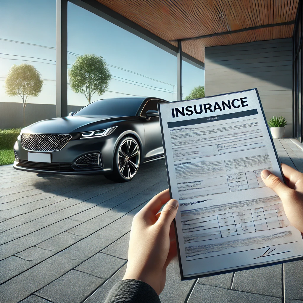 깨끗한 드라이브웨이에 주차된 자동차 옆에서 보험 문서를 검토하는 사람. 배경에 맑은 하늘과 책임감과 안정감을 전달하는 장면