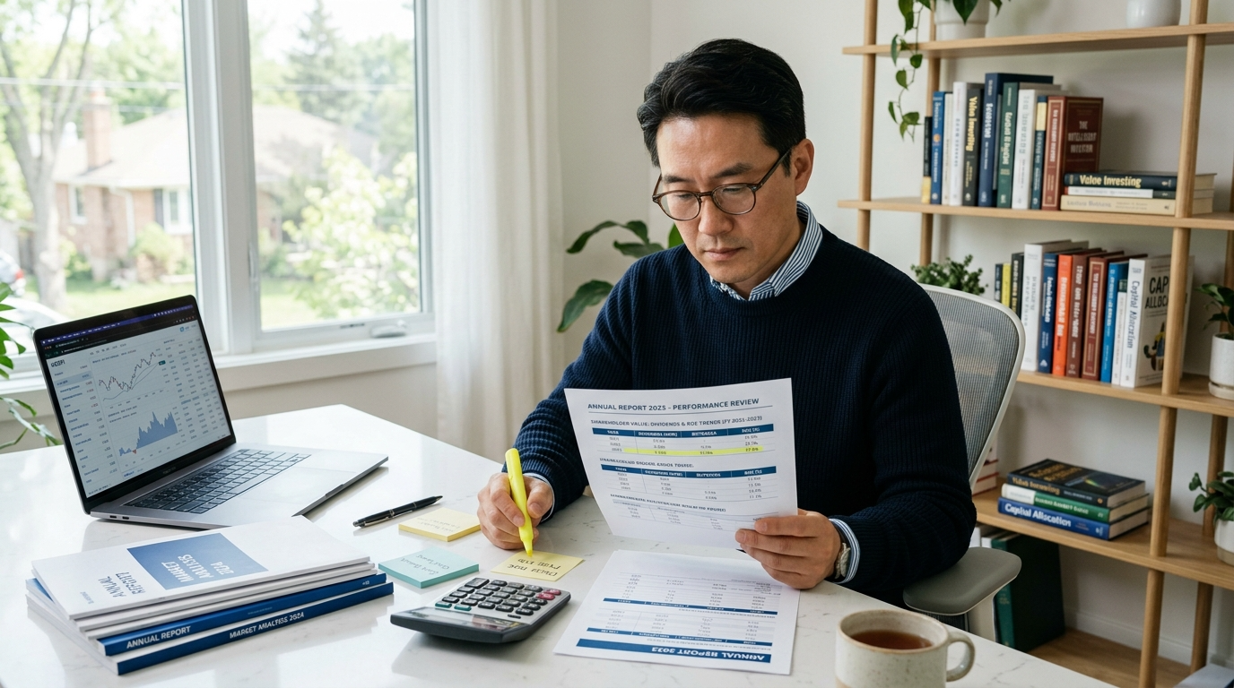 문서를 적극적으로 검토하는 50대 남성 투자자