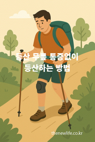 무릎 통증 방지를 위해서 무릎보호대와 스틱을 활용한 등산 장면